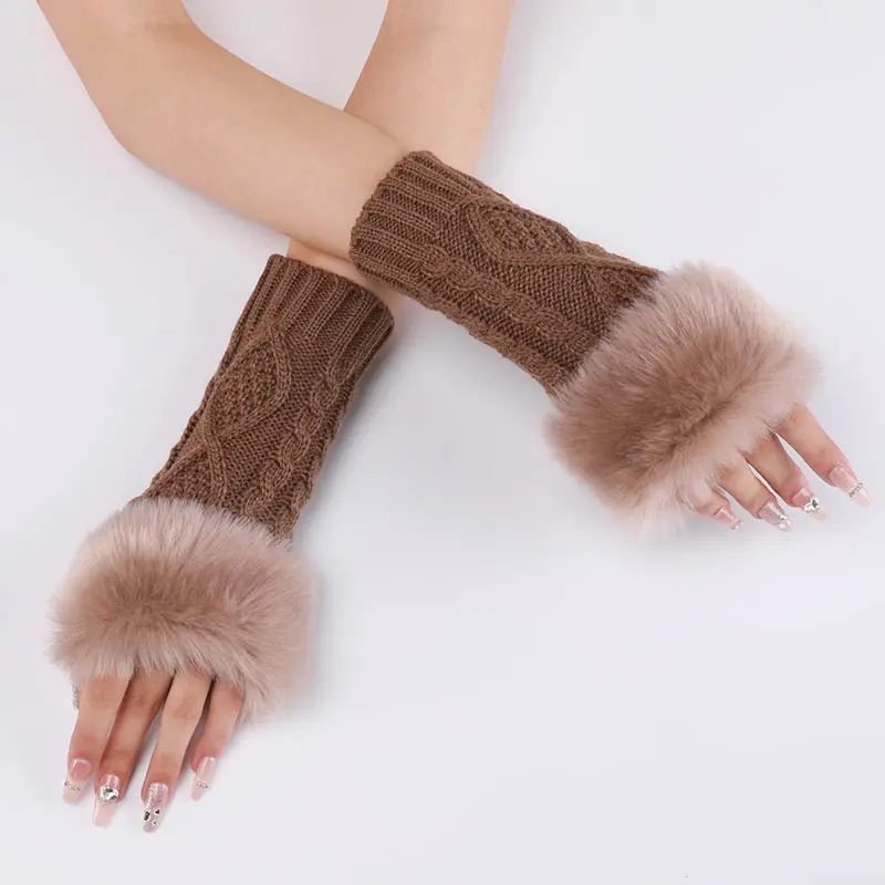 Women Furry Warm Sleeves Gloves Autumn Winter Lady Faux Rabbit Fur Fingerless Elastic Knitted Hemp Mittens Clothing Accessories