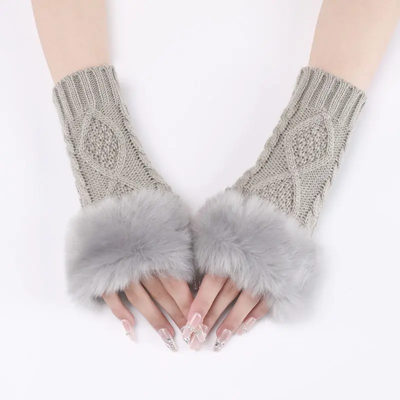 Women Furry Warm Sleeves Gloves Autumn Winter Lady Faux Rabbit Fur Fingerless Elastic Knitted Hemp Mittens Clothing Accessories