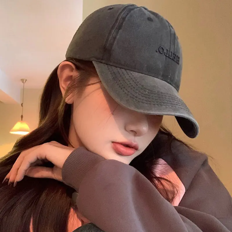 Letter Embroidered Baseball Cap for Women Retro Washed Cotton Snapback Hat Summer Adjustable Casual Sun Hats