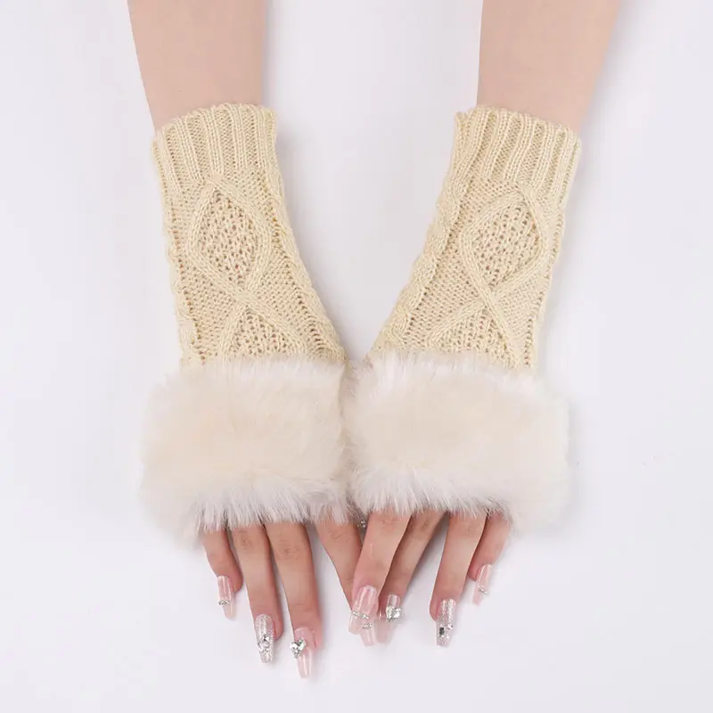 Women Furry Warm Sleeves Gloves Autumn Winter Lady Faux Rabbit Fur Fingerless Elastic Knitted Hemp Mittens Clothing Accessories