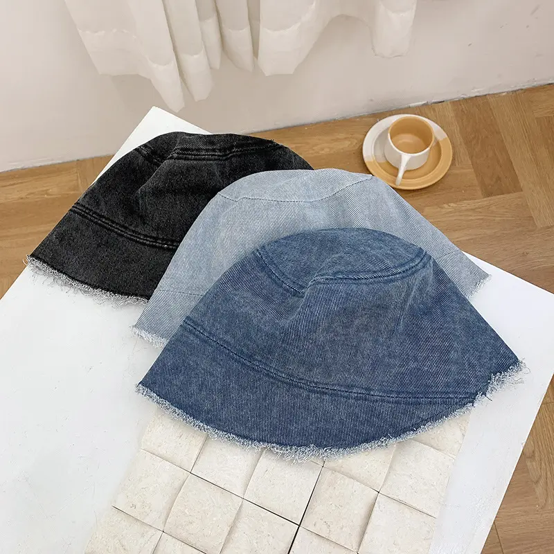 Retro Denim Washed Bucket Hat for Women Fashion Bob Folding Fisherman Cap Outdoor Sunshade Wide Brim Panama Sun Hats