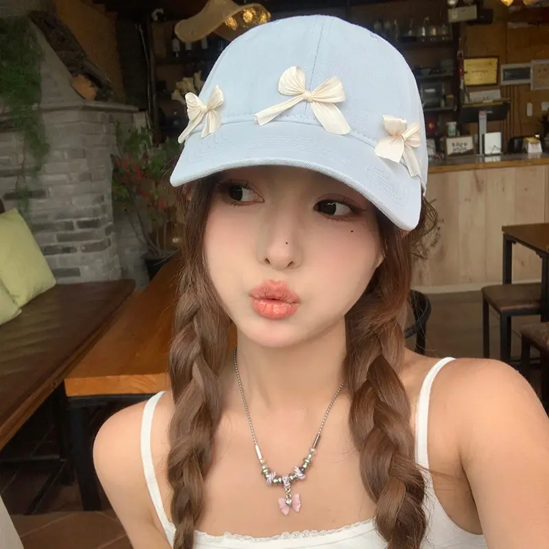 Korean Bowknot Baseball Cap for Women Y2K Girls Sweet Bows Peaked Hat Spring Summer Cotton Female Lady Sun Hats