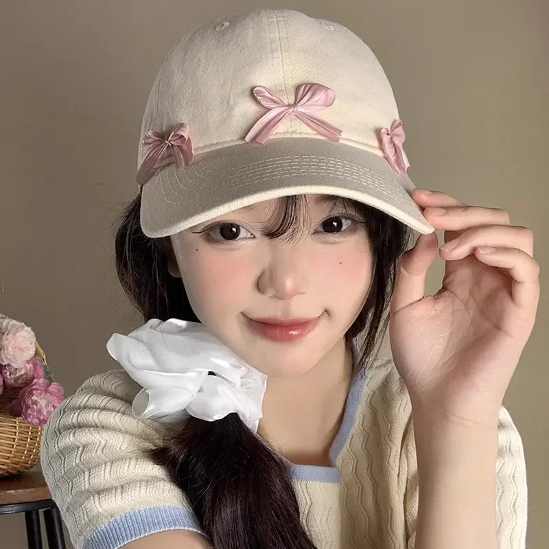 Korean Bowknot Baseball Cap for Women Y2K Girls Sweet Bows Peaked Hat Spring Summer Cotton Female Lady Sun Hats
