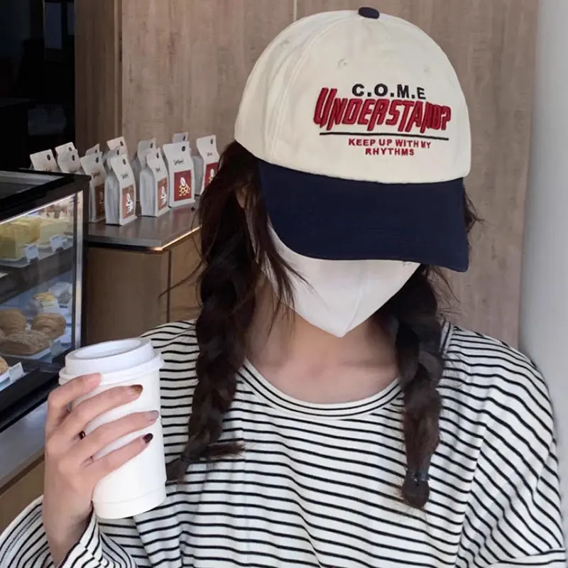 Letter Embroidery Baseball Cap Vintage Contrasting Color Snapback Hat for Women Summer Outdoor Sunshade Adjustable Hip-hop Hats