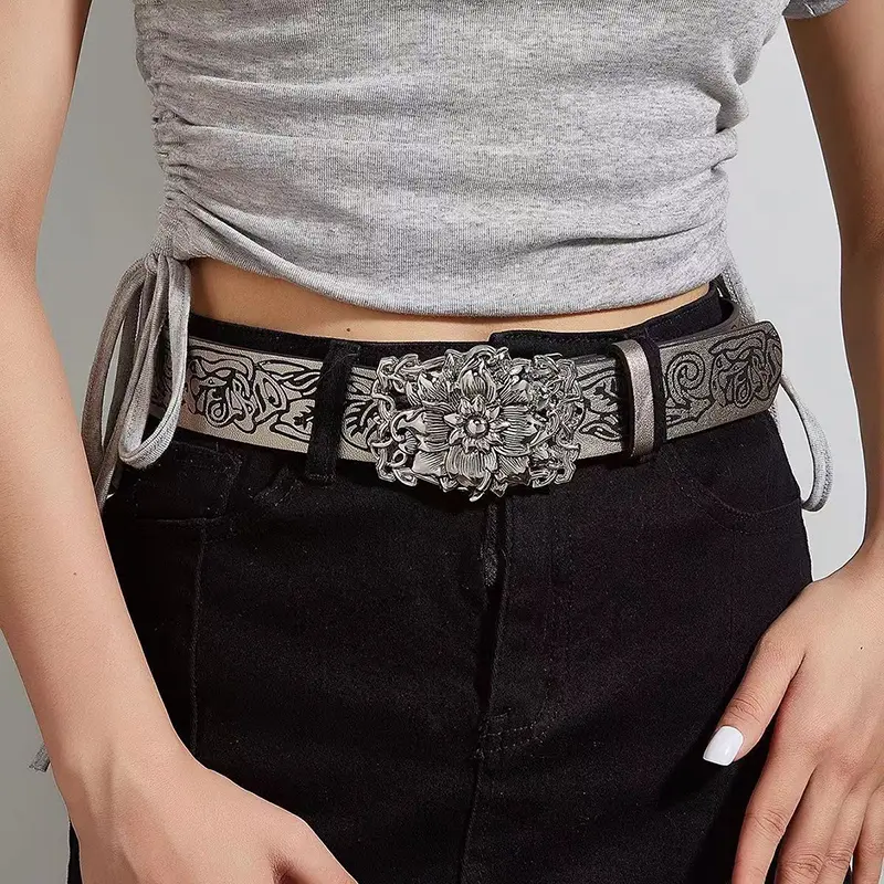 Punk Vintage Flower Belt Women Y2K Spicy Girl Embossed Hollow Waistband Gothic Metal Buckle Waist Strap
