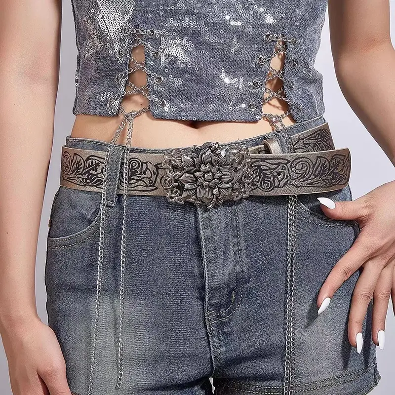 Punk Vintage Flower Belt Women Y2K Spicy Girl Embossed Hollow Waistband Gothic Metal Buckle Waist Strap