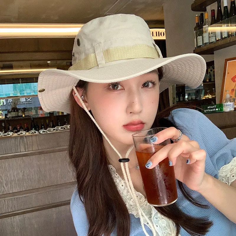 Summer Hiking Sun Hat for Women Men Outdoor Camping Fishing Anti-UV Bucket Hat Solid Color Panama Wide Brim Fisherman Cap