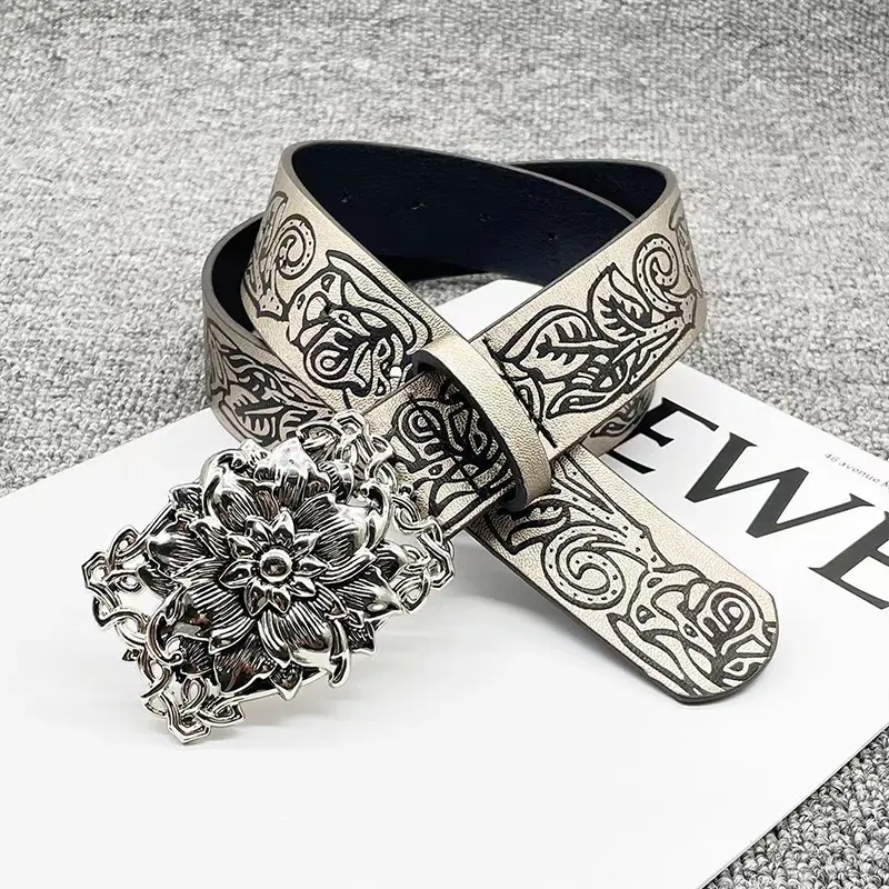Punk Vintage Flower Belt Women Y2K Spicy Girl Embossed Hollow Waistband Gothic Metal Buckle Waist Strap