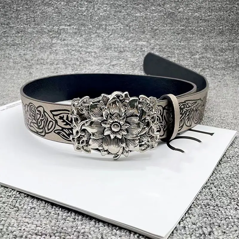 Punk Vintage Flower Belt Women Y2K Spicy Girl Embossed Hollow Waistband Gothic Metal Buckle Waist Strap