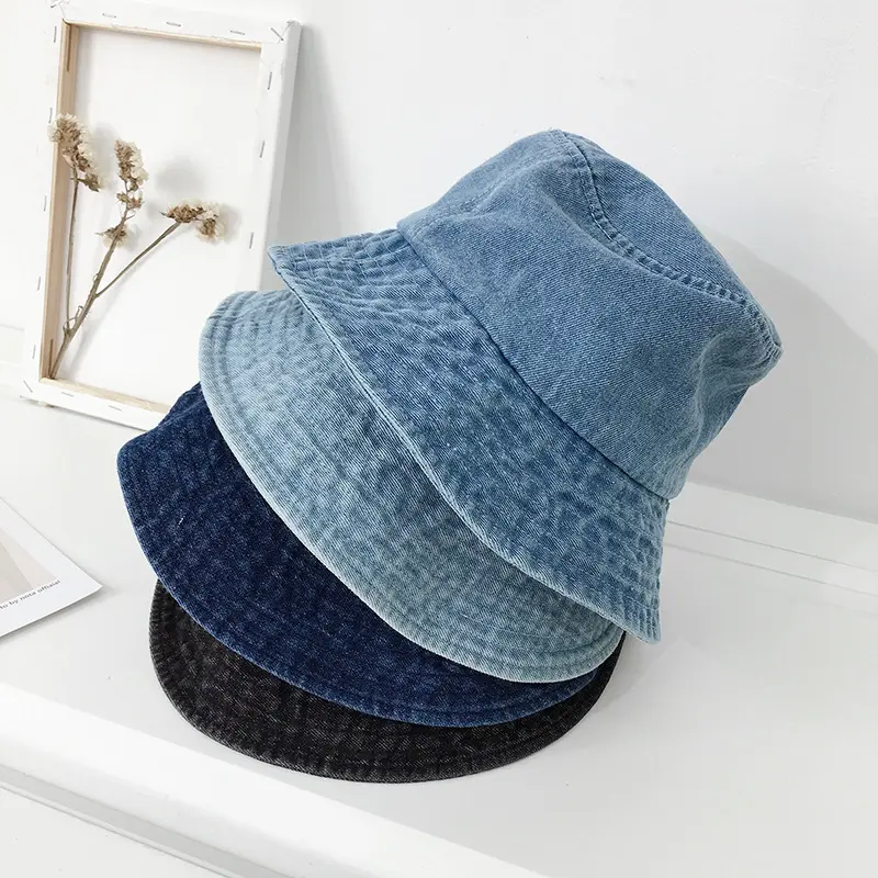 Washed Denim Bucket Hat for Women Men Retro Wide Brim Fisherman Cap Summer Outdoor Girls Lady Panama Sun Hat Bob Caps