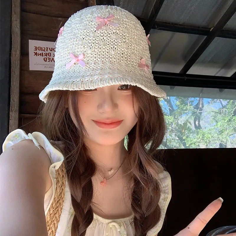 Korean Bow Straw Hat for Women Outdoor Foldable UV Protection Bucket Hats Summer Sunscreen Vacation Holiday Sun Hats