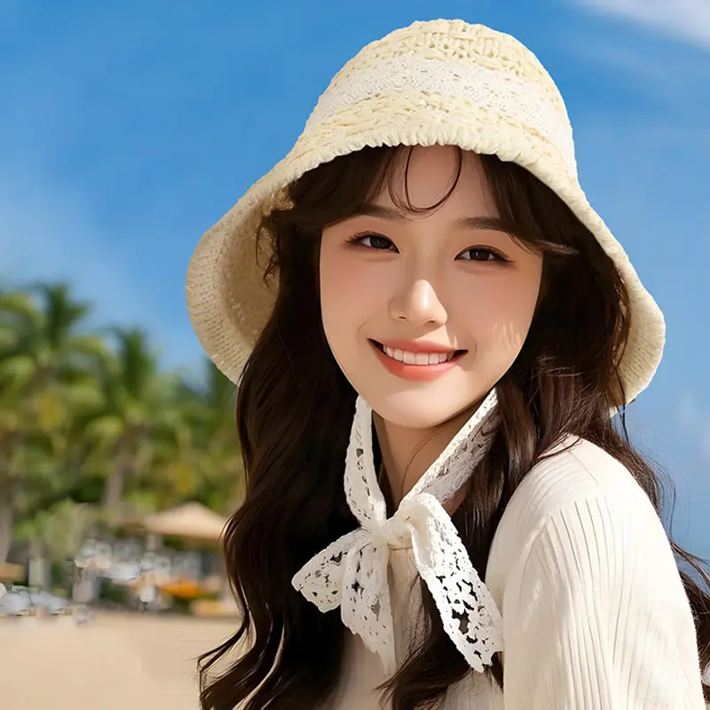 Summer Lace Straw Hat for Women Handmade Crochet Beach Panama Cap Korean Wide Brim Anti-UV Sun Visor Caps