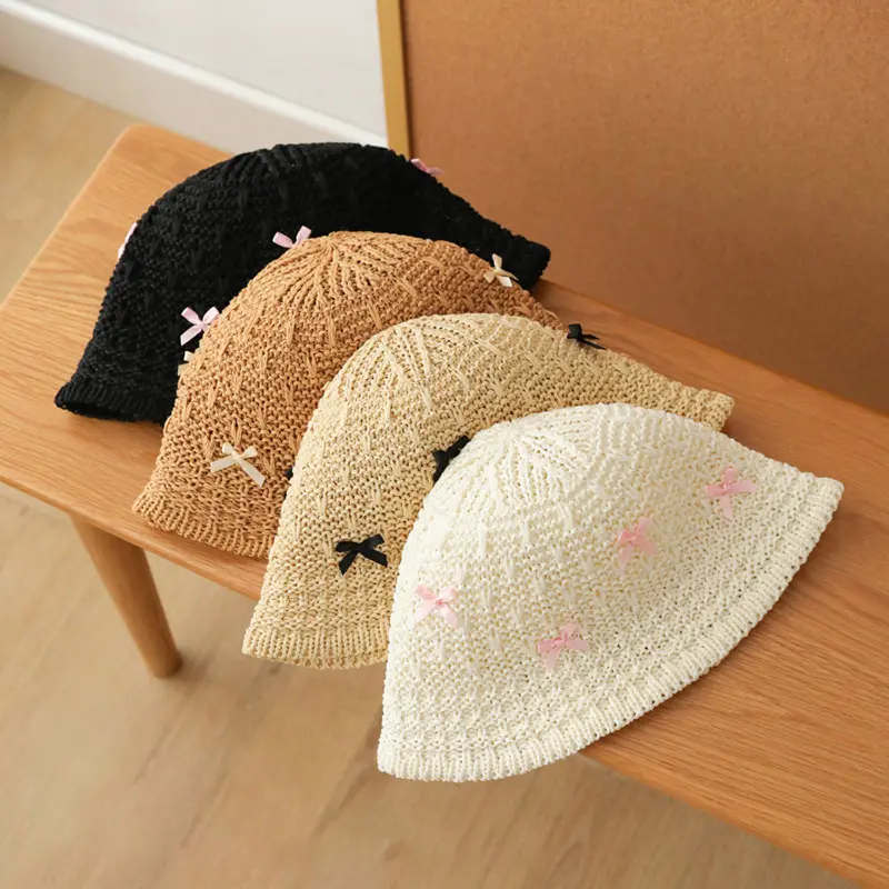 Korean Bow Straw Hat for Women Outdoor Foldable UV Protection Bucket Hats Summer Sunscreen Vacation Holiday Sun Hats