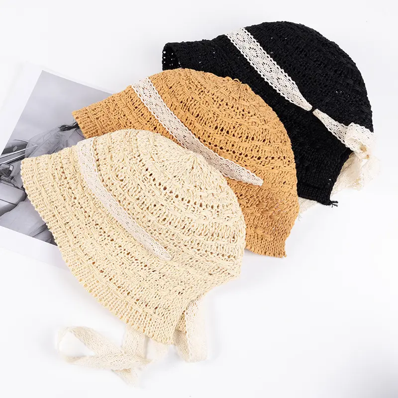 Summer Lace Straw Hat for Women Handmade Crochet Beach Panama Cap Korean Wide Brim Anti-UV Sun Visor Caps