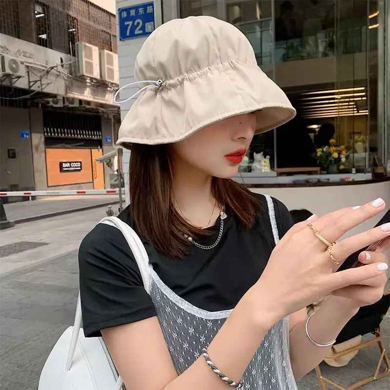 Summer Drawstring Bucket Cap for Women Quick Dry Panama Sun Hat Solid Color Adjustable Female Lady Fisherman Caps
