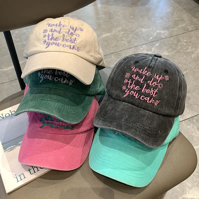 Washed Cotton Letter Baseball Cap for Women Retro Embroidery Snapback Hat Summer Solid Color Adjustable Couple Sun Visor Hats