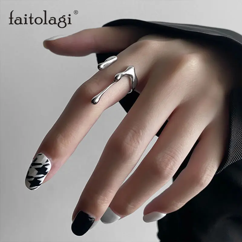 Punk Irregular Liquid Lava Open Ring Women Vintage Silver Color Metal Ring Cuff Hip Hop Personality Simple Fidget Ring Jewelry
