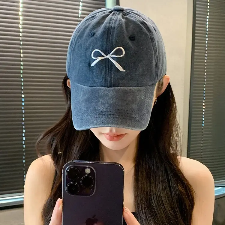 Pink Bow Baseball Cap for Women Y2K Korean Washed Denim Snapback Hat Summer Adjustable Embroidered Girls Dad Hats