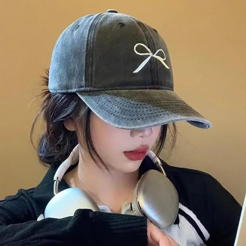 Pink Bow Baseball Cap for Women Y2K Korean Washed Denim Snapback Hat Summer Adjustable Embroidered Girls Dad Hats