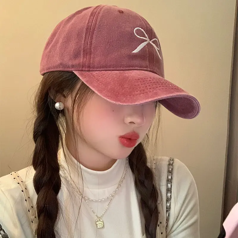 Pink Bow Baseball Cap for Women Y2K Korean Washed Denim Snapback Hat Summer Adjustable Embroidered Girls Dad Hats