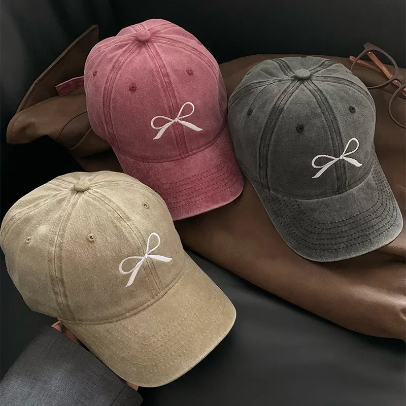 Pink Bow Baseball Cap for Women Y2K Korean Washed Denim Snapback Hat Summer Adjustable Embroidered Girls Dad Hats