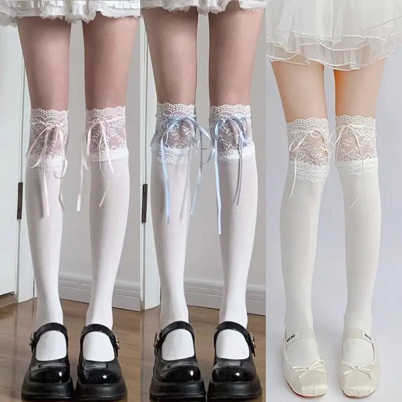 White Lace Stockings Women Lolita Ribbon Bow Over Knee Socks Cute Sweet Thigh High Sock Girls Kawaii Calf Socks