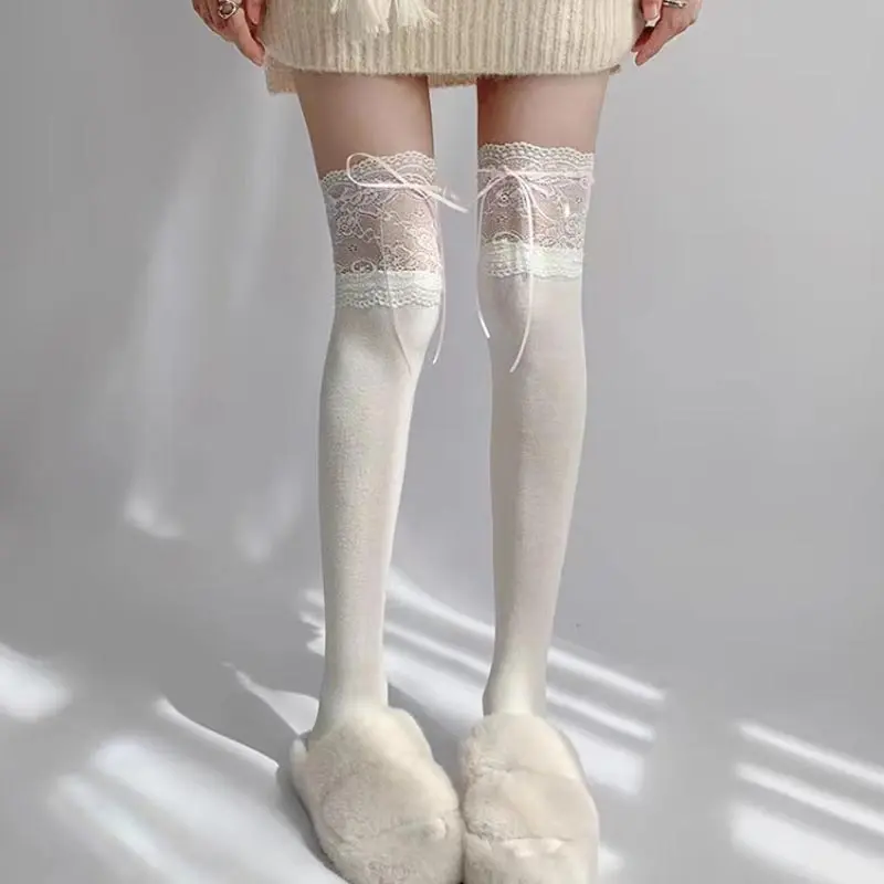 White Lace Stockings Women Lolita Ribbon Bow Over Knee Socks Cute Sweet Thigh High Sock Girls Kawaii Calf Socks
