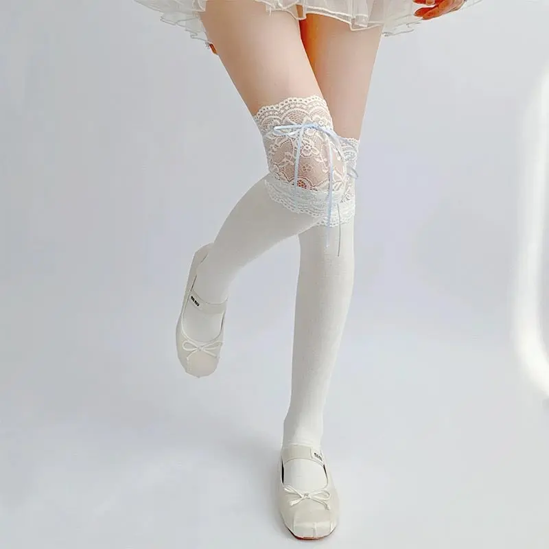 White Lace Stockings Women Lolita Ribbon Bow Over Knee Socks Cute Sweet Thigh High Sock Girls Kawaii Calf Socks