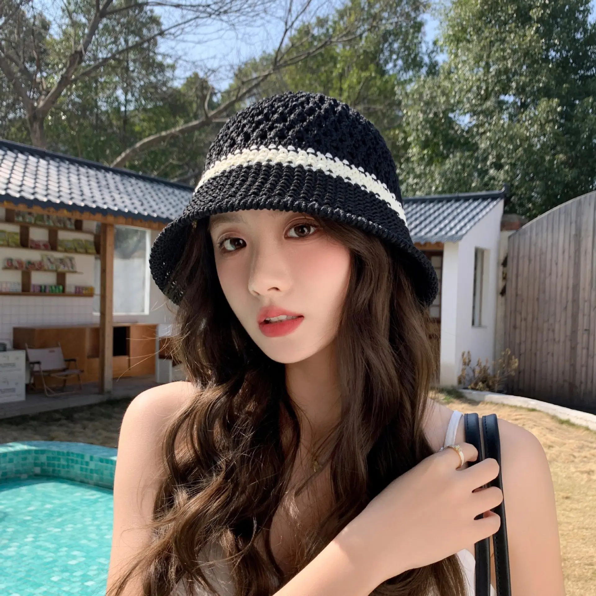 Summer Sun Hat for Women Outdoor Beach Sunshade Wide Brim Panama Cap Korean Breathable Knitted Bucket Hats