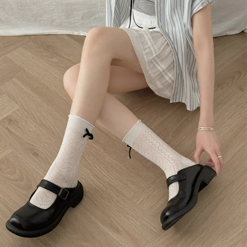 Korean Bow Socks for Women Summer Breathable Mesh Middle Tube Sock Japanese Lolita Bowknot JK Girls Long Socks