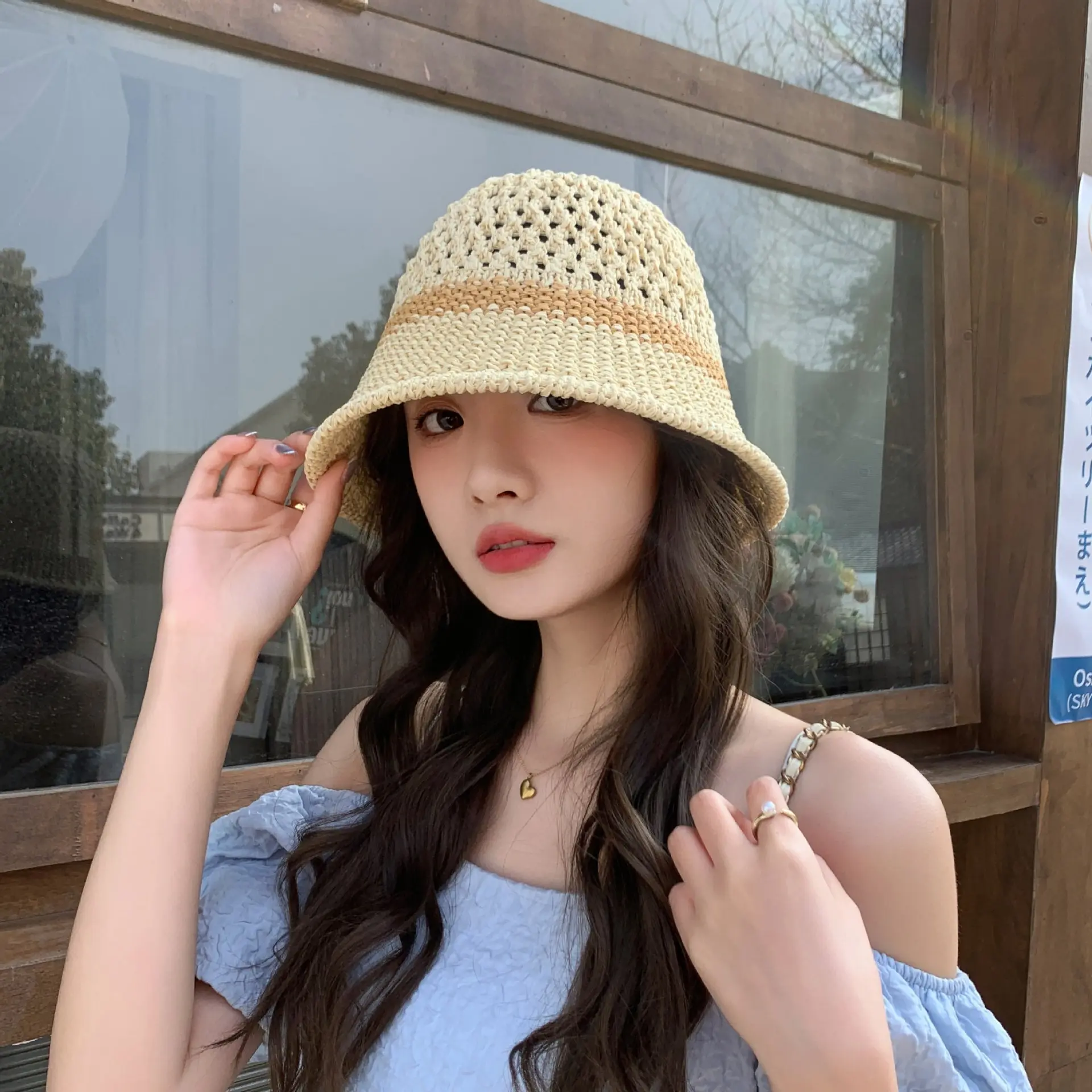 Summer Sun Hat for Women Outdoor Beach Sunshade Wide Brim Panama Cap Korean Breathable Knitted Bucket Hats