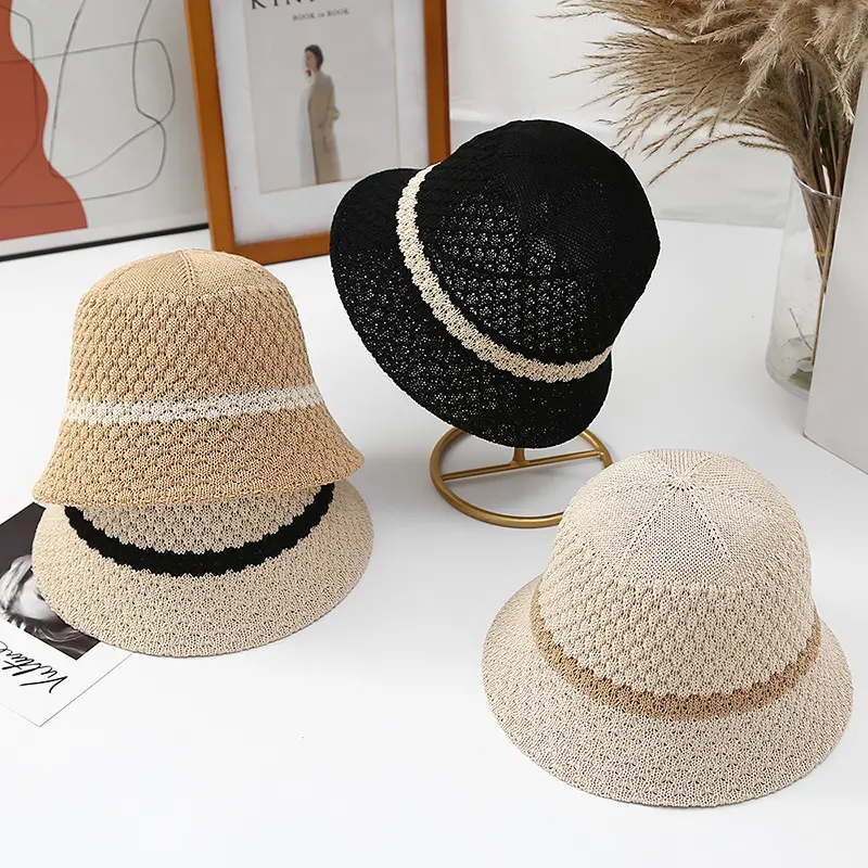 Summer Sun Hat for Women Outdoor Beach Sunshade Wide Brim Panama Cap Korean Breathable Knitted Bucket Hats