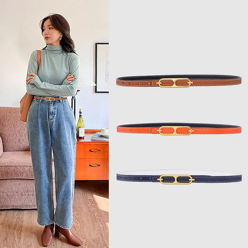 Simple Thin Belt for Women Double-Sided PU Leather Waistband Female Lady Dress Coat Pants Slimming Waist Strap 벨트