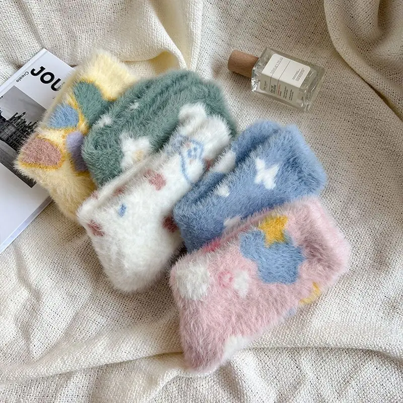 Winter Mink Velvet Socks for Women Kawaii Floral Print Plush Sock Solid Color Cartoon Warm Female Lady Mid Tube Socks