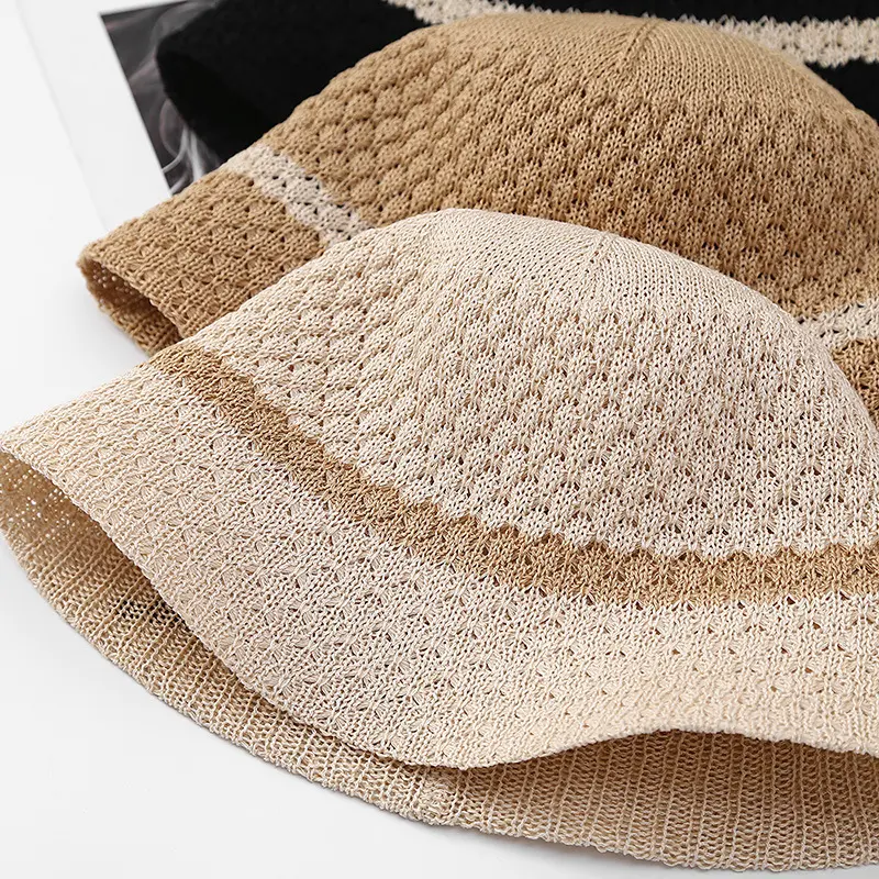 Summer Sun Hat for Women Outdoor Beach Sunshade Wide Brim Panama Cap Korean Breathable Knitted Bucket Hats