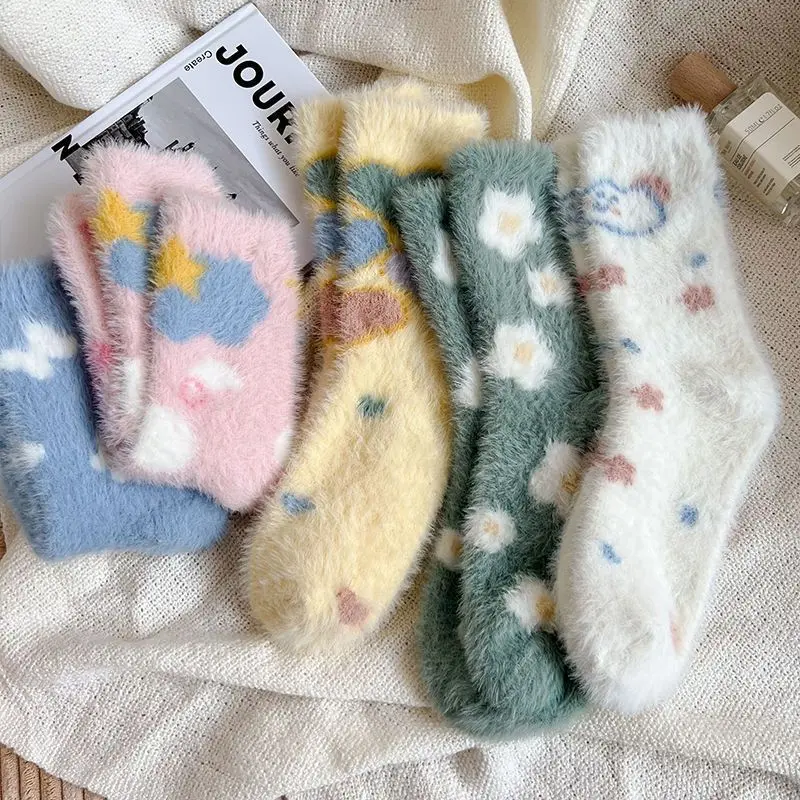 Winter Mink Velvet Socks for Women Kawaii Floral Print Plush Sock Solid Color Cartoon Warm Female Lady Mid Tube Socks