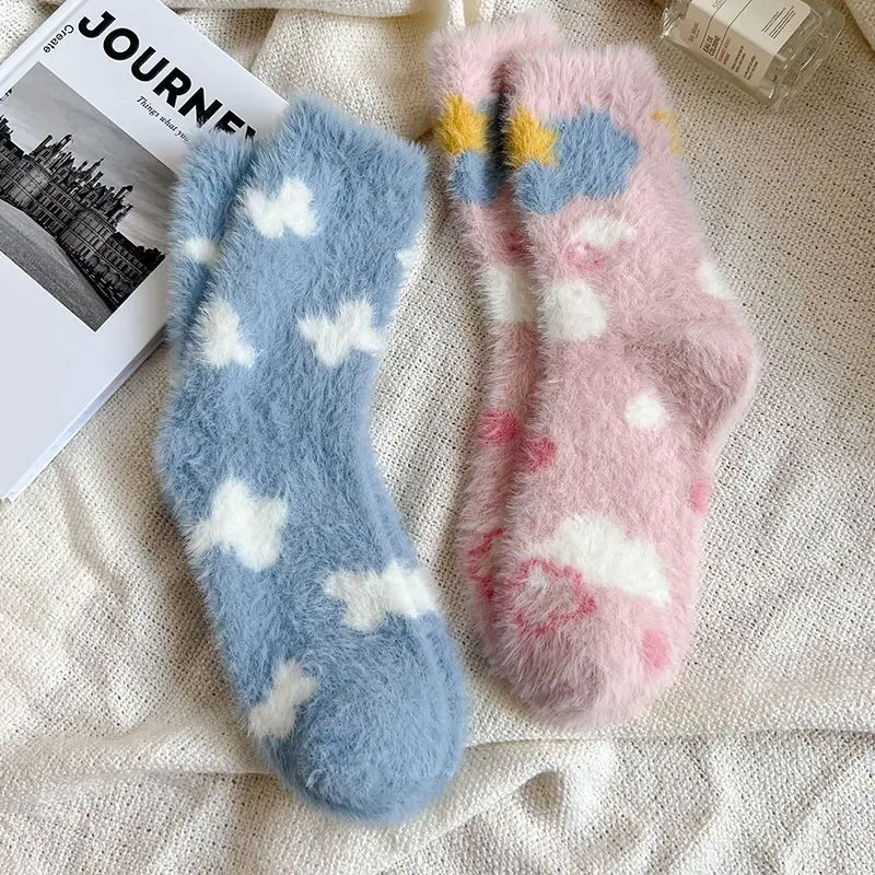 Winter Mink Velvet Socks for Women Kawaii Floral Print Plush Sock Solid Color Cartoon Warm Female Lady Mid Tube Socks