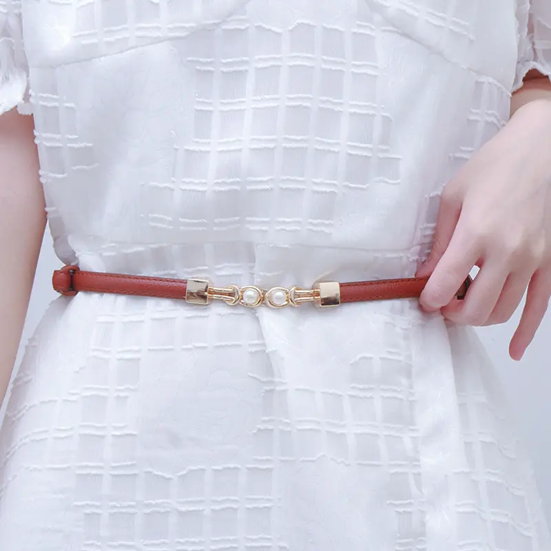 Retro Pearl Metal Buckle Belt for Women Solid Color Thin PU Leather Waist Straps Female Jeans Dress Pants Wild Decor Waistband