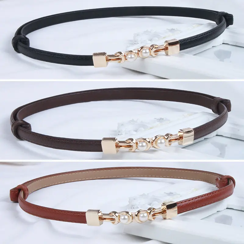 Retro Pearl Metal Buckle Belt for Women Solid Color Thin PU Leather Waist Straps Female Jeans Dress Pants Wild Decor Waistband