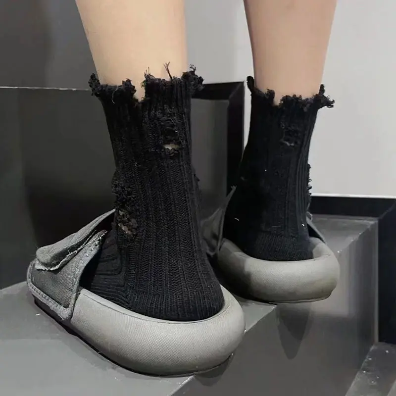 Punk Broken Hole Socks Harajuku Cotton Middle Tube Sock for Women Girls Gothic Knitted Street Stocking Calcetines