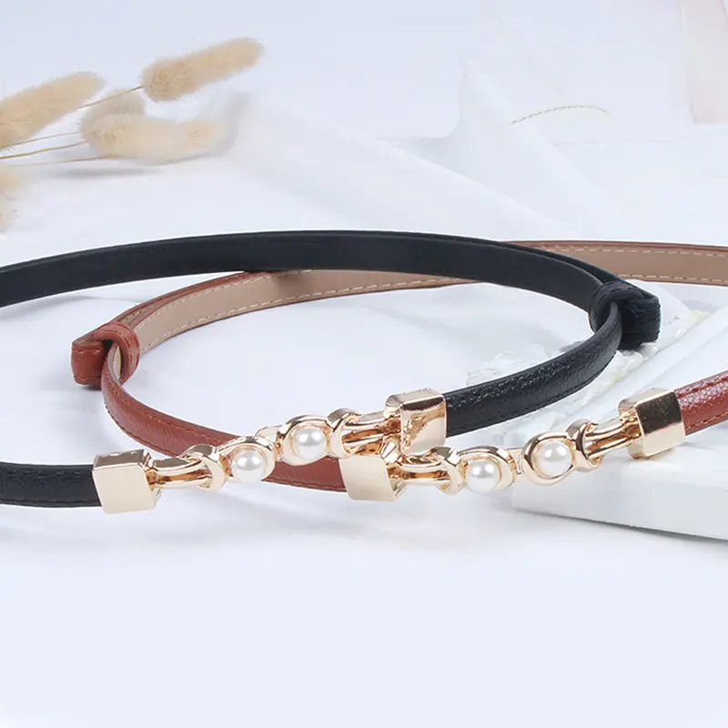 Retro Pearl Metal Buckle Belt for Women Solid Color Thin PU Leather Waist Straps Female Jeans Dress Pants Wild Decor Waistband