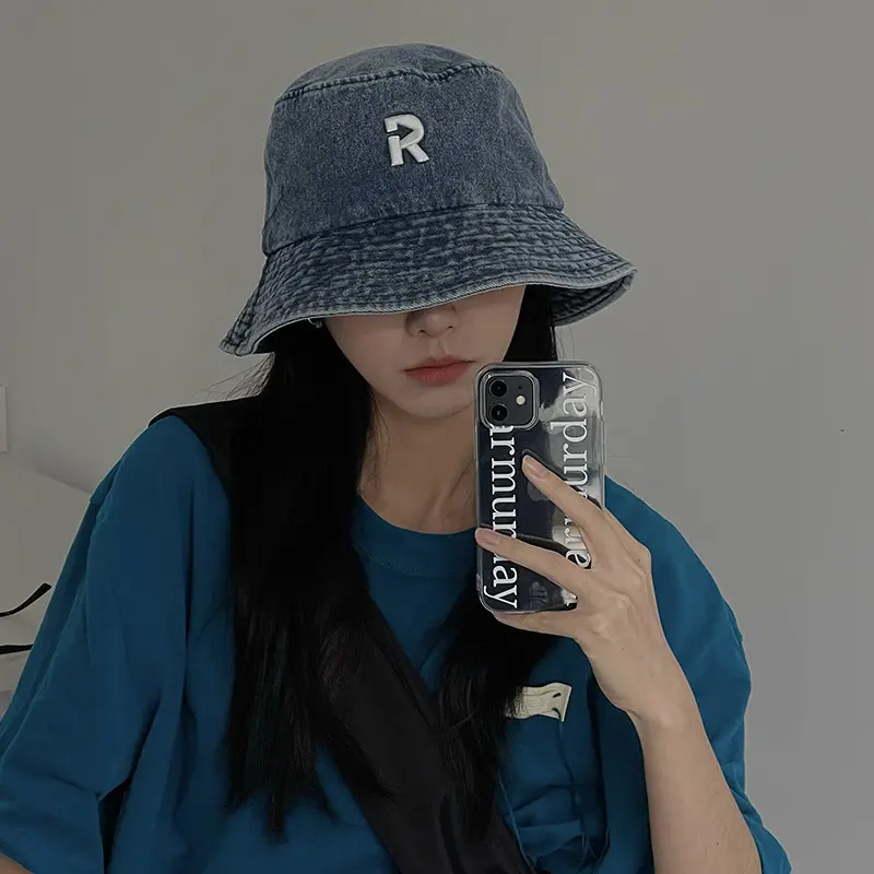 Summer Denim Bucket Cap Women Simple Letter Fisherman Hat Unisex Cotton Sunscreen Panama Hats Outdoor Beach Caps