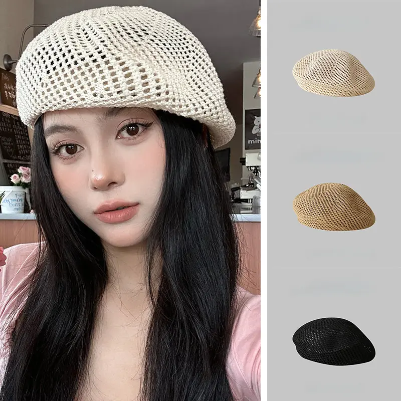 Korean Straw Woven Berets for Women Summer Thin Hollow Mesh Painter Cap Solid Color Breathable Female Lady Pumpkin Hats