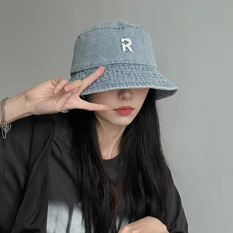 Summer Denim Bucket Cap Women Simple Letter Fisherman Hat Unisex Cotton Sunscreen Panama Hats Outdoor Beach Caps