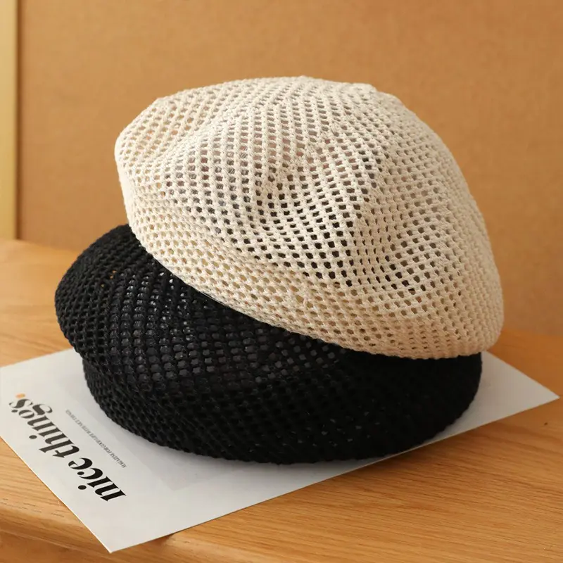 Korean Straw Woven Berets for Women Summer Thin Hollow Mesh Painter Cap Solid Color Breathable Female Lady Pumpkin Hats