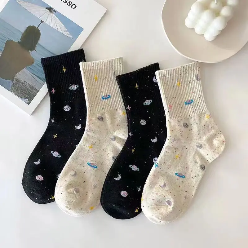 Cute Moon Stars Pattern Socks for Women Kawaii Planet Space Print Middle Tube Sock Girls Harajuku Streetwear Cotton Socks