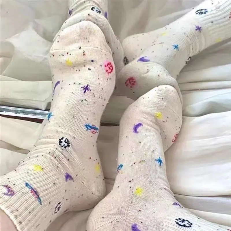 Cute Moon Stars Pattern Socks for Women Kawaii Planet Space Print Middle Tube Sock Girls Harajuku Streetwear Cotton Socks