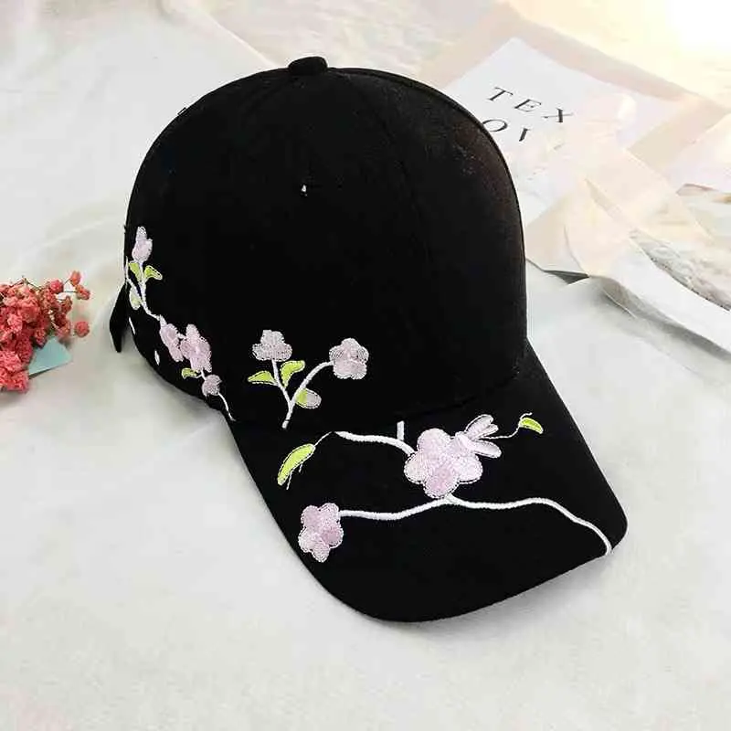 Plum Flowers Embroidery Women Baseball Cap Cotton White Black Adjustable Snapback Hat Spring Summer Outdoor Leisure Hat
