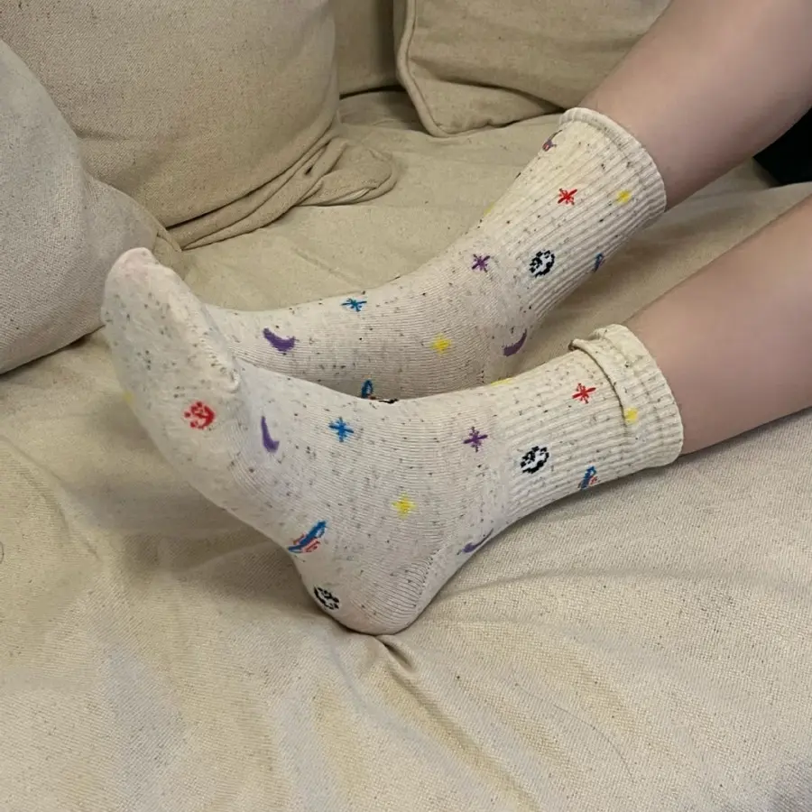 Cute Moon Stars Pattern Socks for Women Kawaii Planet Space Print Middle Tube Sock Girls Harajuku Streetwear Cotton Socks