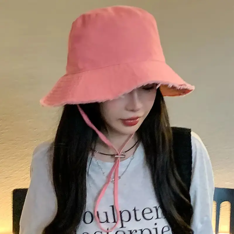 Solid Color Denim Bucket Hat for Women Adjustable Drawstring Torn Edge Fisherman Cap Summer Outdoor Foldable Sun Protection Hats